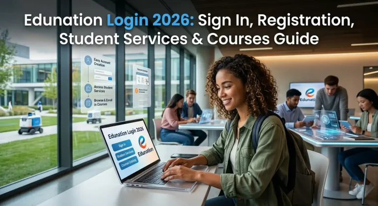 A student using a laptop with the Edunation Login 2026 portal interface in a modern digital learning environment.