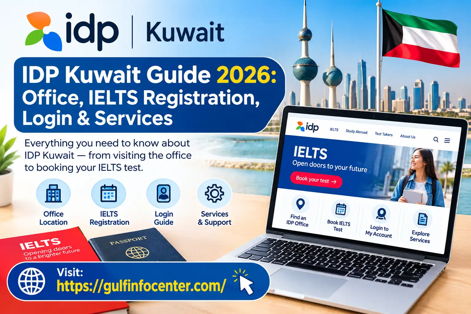 IDP Kuwait Guide 2026 covering office location, IELTS registration, login, and services