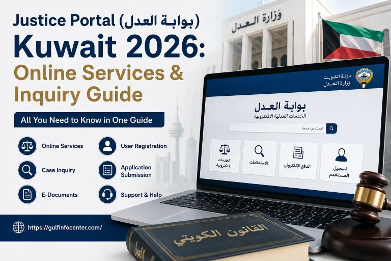 Justice Portal (بوابة العدل) Kuwait 2026 showing online justice services, case inquiry, e-documents, user registration and application services.