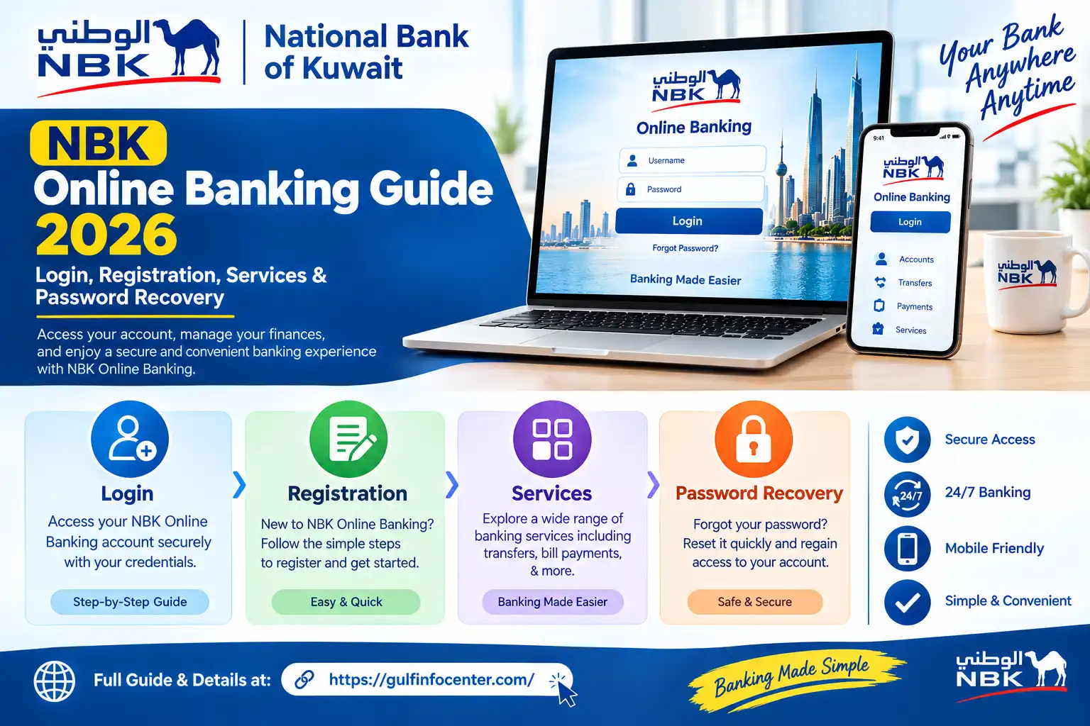 NBK Online Banking Guide 2026 covering login, registration, banking services, and password recovery