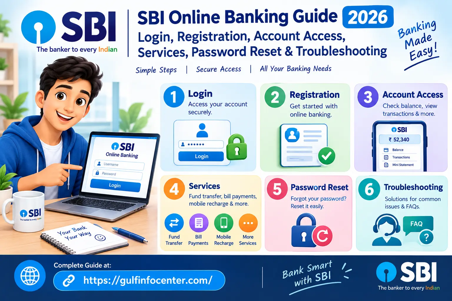 SBI Online Banking Guide 2026 covering login, registration, account access, banking services, password reset and troubleshooting