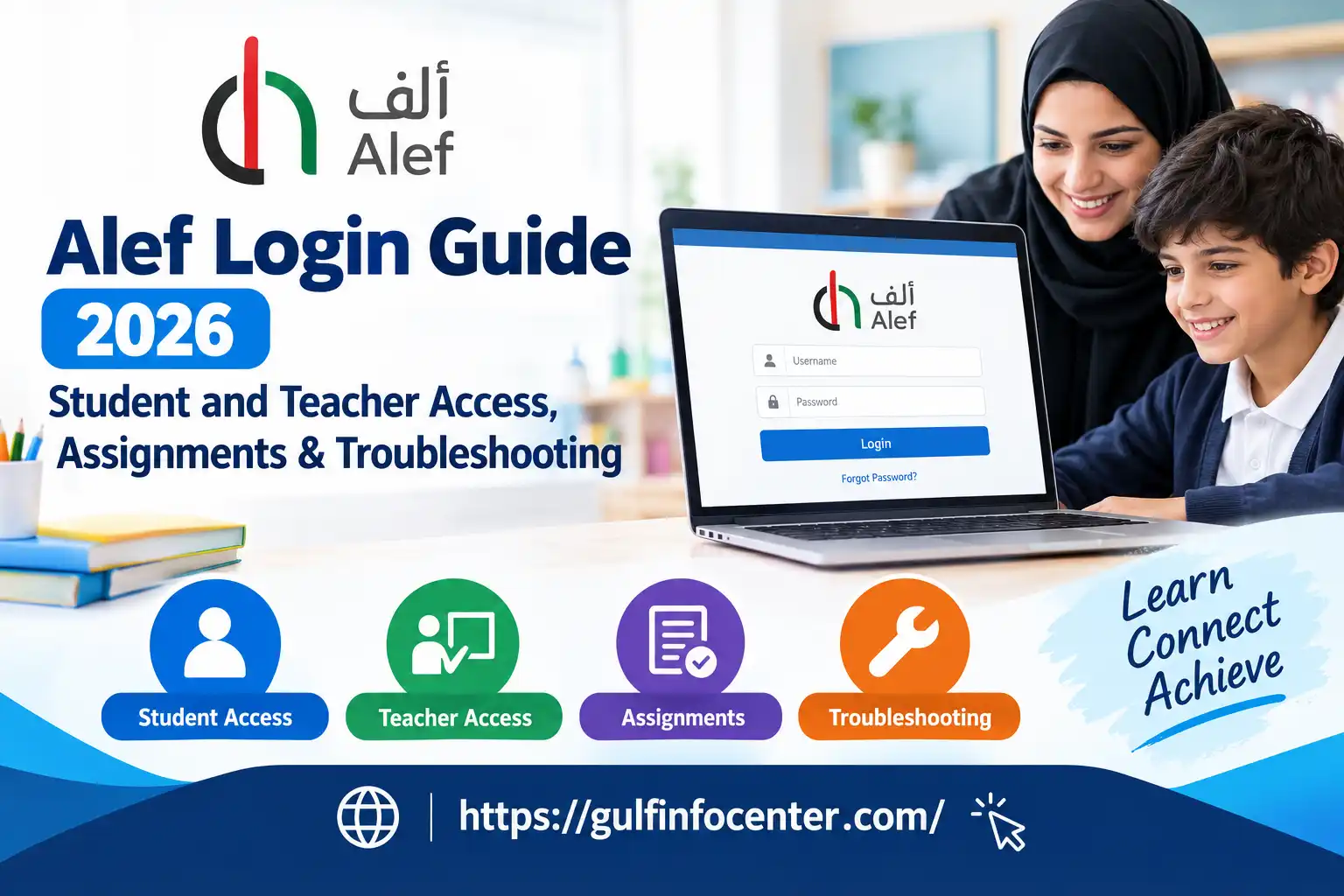 Alef Login Guide 2026 showing student and teacher access, assignments, and login troubleshooting on a laptop.