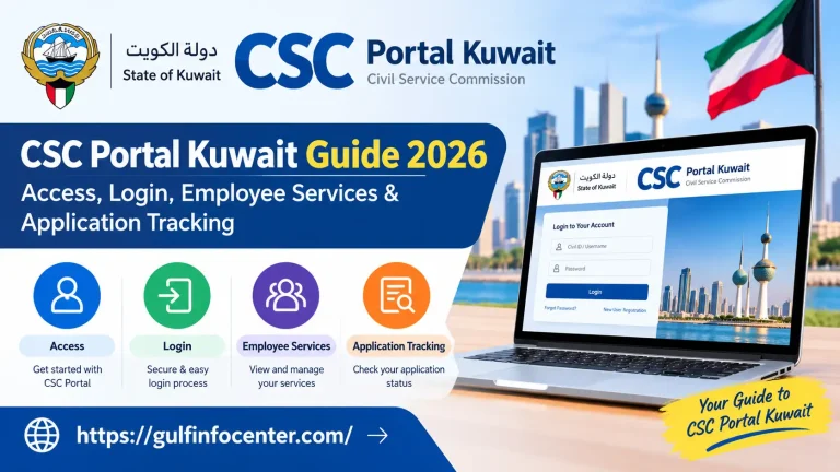 CSC Portal Kuwait Guide 2026 showing login access, employee services, and application tracking.
