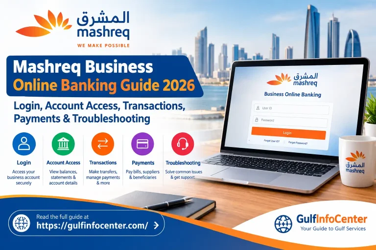 Mashreq Business Online Banking Guide 2026 showing login, account access, transactions, payments, and troubleshooting on a laptop.