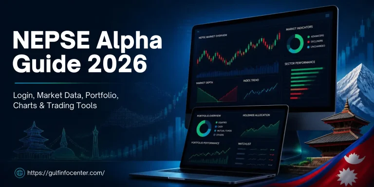 NEPSE Alpha Guide 2026 showing market charts, portfolio data and trading tools